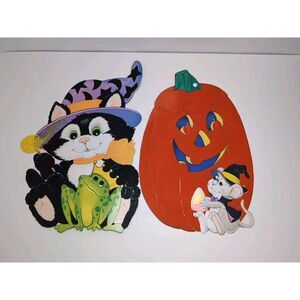 Vintage Die Cut Cutout Halloween‎ Decorations Crushed Velvet Pumpkin & Cat